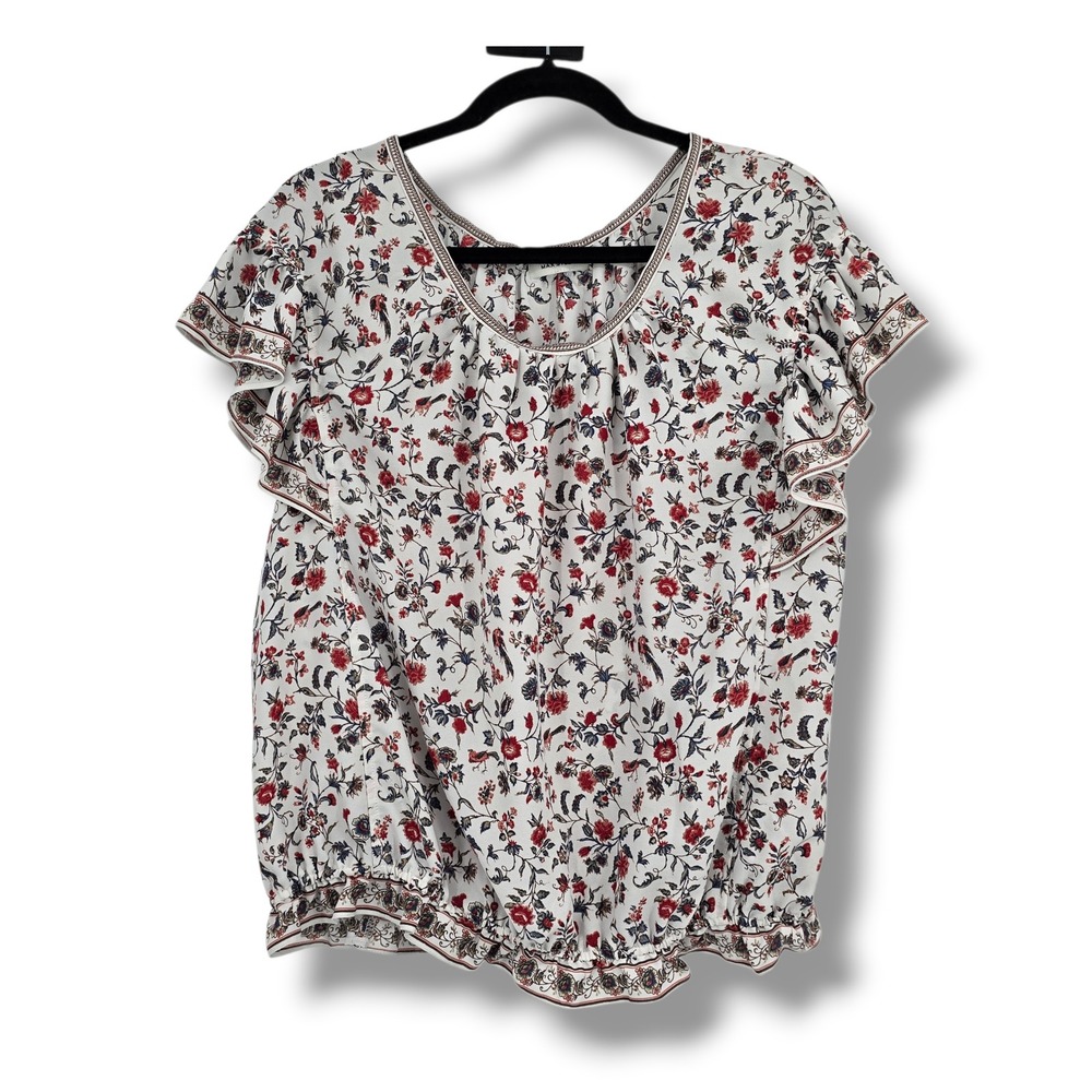 Max Studio Women Floral Bird Print Flutter Sleeve Smocked Blouse White Medium